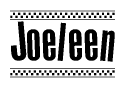 The image contains the text Joeleen in a bold, stylized font, with a checkered flag pattern bordering the top and bottom of the text.