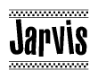 The clipart image displays the text Jarvis in a bold, stylized font. It is enclosed in a rectangular border with a checkerboard pattern running below and above the text, similar to a finish line in racing. 