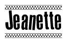 The image is a black and white clipart of the text Jeanette in a bold, italicized font. The text is bordered by a dotted line on the top and bottom, and there are checkered flags positioned at both ends of the text, usually associated with racing or finishing lines.