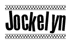 The clipart image displays the text Jockelyn in a bold, stylized font. It is enclosed in a rectangular border with a checkerboard pattern running below and above the text, similar to a finish line in racing. 