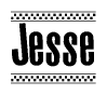 The image is a black and white clipart of the text Jesse in a bold, italicized font. The text is bordered by a dotted line on the top and bottom, and there are checkered flags positioned at both ends of the text, usually associated with racing or finishing lines.
