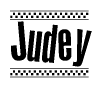 The image is a black and white clipart of the text Judey in a bold, italicized font. The text is bordered by a dotted line on the top and bottom, and there are checkered flags positioned at both ends of the text, usually associated with racing or finishing lines.