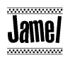 The clipart image displays the text Jamel in a bold, stylized font. It is enclosed in a rectangular border with a checkerboard pattern running below and above the text, similar to a finish line in racing. 