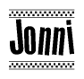 The image is a black and white clipart of the text Jonni in a bold, italicized font. The text is bordered by a dotted line on the top and bottom, and there are checkered flags positioned at both ends of the text, usually associated with racing or finishing lines.