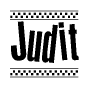 The clipart image displays the text Judit in a bold, stylized font. It is enclosed in a rectangular border with a checkerboard pattern running below and above the text, similar to a finish line in racing. 