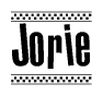 The image is a black and white clipart of the text Jorie in a bold, italicized font. The text is bordered by a dotted line on the top and bottom, and there are checkered flags positioned at both ends of the text, usually associated with racing or finishing lines.