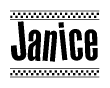 The image is a black and white clipart of the text Janice in a bold, italicized font. The text is bordered by a dotted line on the top and bottom, and there are checkered flags positioned at both ends of the text, usually associated with racing or finishing lines.