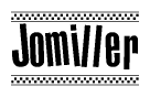 The image contains the text Jomiller in a bold, stylized font, with a checkered flag pattern bordering the top and bottom of the text.