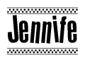 The image is a black and white clipart of the text Jennife in a bold, italicized font. The text is bordered by a dotted line on the top and bottom, and there are checkered flags positioned at both ends of the text, usually associated with racing or finishing lines.