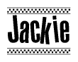 The image contains the text Jackie in a bold, stylized font, with a checkered flag pattern bordering the top and bottom of the text.