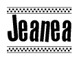 The image is a black and white clipart of the text Jeanea in a bold, italicized font. The text is bordered by a dotted line on the top and bottom, and there are checkered flags positioned at both ends of the text, usually associated with racing or finishing lines.