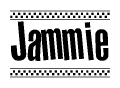 The clipart image displays the text Jammie in a bold, stylized font. It is enclosed in a rectangular border with a checkerboard pattern running below and above the text, similar to a finish line in racing. 