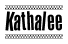 The image contains the text Kathalee in a bold, stylized font, with a checkered flag pattern bordering the top and bottom of the text.