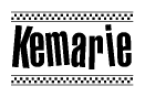 The image contains the text Kemarie in a bold, stylized font, with a checkered flag pattern bordering the top and bottom of the text.