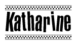 The image contains the text Katharine in a bold, stylized font, with a checkered flag pattern bordering the top and bottom of the text.