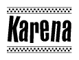 The clipart image displays the text Karena in a bold, stylized font. It is enclosed in a rectangular border with a checkerboard pattern running below and above the text, similar to a finish line in racing. 