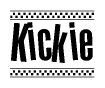 The image is a black and white clipart of the text Kickie in a bold, italicized font. The text is bordered by a dotted line on the top and bottom, and there are checkered flags positioned at both ends of the text, usually associated with racing or finishing lines.
