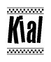 The image is a black and white clipart of the text Kial in a bold, italicized font. The text is bordered by a dotted line on the top and bottom, and there are checkered flags positioned at both ends of the text, usually associated with racing or finishing lines.