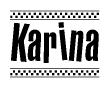 The clipart image displays the text Karina in a bold, stylized font. It is enclosed in a rectangular border with a checkerboard pattern running below and above the text, similar to a finish line in racing. 