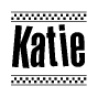 The image contains the text Katie in a bold, stylized font, with a checkered flag pattern bordering the top and bottom of the text.