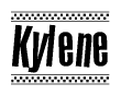 The image is a black and white clipart of the text Kylene in a bold, italicized font. The text is bordered by a dotted line on the top and bottom, and there are checkered flags positioned at both ends of the text, usually associated with racing or finishing lines.