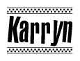 The image is a black and white clipart of the text Karryn in a bold, italicized font. The text is bordered by a dotted line on the top and bottom, and there are checkered flags positioned at both ends of the text, usually associated with racing or finishing lines.