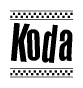 The clipart image displays the text Koda in a bold, stylized font. It is enclosed in a rectangular border with a checkerboard pattern running below and above the text, similar to a finish line in racing. 