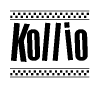 The image is a black and white clipart of the text Kollio in a bold, italicized font. The text is bordered by a dotted line on the top and bottom, and there are checkered flags positioned at both ends of the text, usually associated with racing or finishing lines.