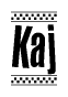 The image contains the text Kaj in a bold, stylized font, with a checkered flag pattern bordering the top and bottom of the text.