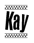 The image contains the text Kay in a bold, stylized font, with a checkered flag pattern bordering the top and bottom of the text.