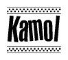 The image contains the text Kamol in a bold, stylized font, with a checkered flag pattern bordering the top and bottom of the text.