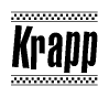 The clipart image displays the text Krapp in a bold, stylized font. It is enclosed in a rectangular border with a checkerboard pattern running below and above the text, similar to a finish line in racing. 