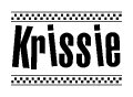The image is a black and white clipart of the text Krissie in a bold, italicized font. The text is bordered by a dotted line on the top and bottom, and there are checkered flags positioned at both ends of the text, usually associated with racing or finishing lines.