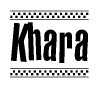 The image is a black and white clipart of the text Khara in a bold, italicized font. The text is bordered by a dotted line on the top and bottom, and there are checkered flags positioned at both ends of the text, usually associated with racing or finishing lines.