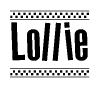 The image is a black and white clipart of the text Lollie in a bold, italicized font. The text is bordered by a dotted line on the top and bottom, and there are checkered flags positioned at both ends of the text, usually associated with racing or finishing lines.