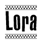 The clipart image displays the text Lora in a bold, stylized font. It is enclosed in a rectangular border with a checkerboard pattern running below and above the text, similar to a finish line in racing. 