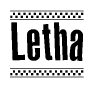 The clipart image displays the text Letha in a bold, stylized font. It is enclosed in a rectangular border with a checkerboard pattern running below and above the text, similar to a finish line in racing. 