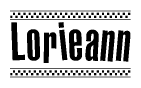 The image is a black and white clipart of the text Lorieann in a bold, italicized font. The text is bordered by a dotted line on the top and bottom, and there are checkered flags positioned at both ends of the text, usually associated with racing or finishing lines.