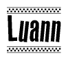 The image is a black and white clipart of the text Luann in a bold, italicized font. The text is bordered by a dotted line on the top and bottom, and there are checkered flags positioned at both ends of the text, usually associated with racing or finishing lines.