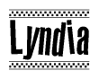 The clipart image displays the text Lyndia in a bold, stylized font. It is enclosed in a rectangular border with a checkerboard pattern running below and above the text, similar to a finish line in racing. 