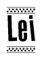 The image is a black and white clipart of the text Lei in a bold, italicized font. The text is bordered by a dotted line on the top and bottom, and there are checkered flags positioned at both ends of the text, usually associated with racing or finishing lines.
