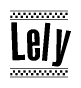 The image is a black and white clipart of the text Lely in a bold, italicized font. The text is bordered by a dotted line on the top and bottom, and there are checkered flags positioned at both ends of the text, usually associated with racing or finishing lines.