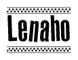 The image is a black and white clipart of the text Lenaho in a bold, italicized font. The text is bordered by a dotted line on the top and bottom, and there are checkered flags positioned at both ends of the text, usually associated with racing or finishing lines.