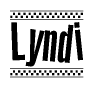 The image is a black and white clipart of the text Lyndi in a bold, italicized font. The text is bordered by a dotted line on the top and bottom, and there are checkered flags positioned at both ends of the text, usually associated with racing or finishing lines.
