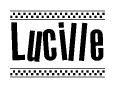 The image contains the text Lucille in a bold, stylized font, with a checkered flag pattern bordering the top and bottom of the text.