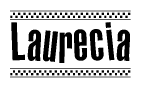 The image is a black and white clipart of the text Laurecia in a bold, italicized font. The text is bordered by a dotted line on the top and bottom, and there are checkered flags positioned at both ends of the text, usually associated with racing or finishing lines.