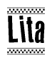 The image is a black and white clipart of the text Lita in a bold, italicized font. The text is bordered by a dotted line on the top and bottom, and there are checkered flags positioned at both ends of the text, usually associated with racing or finishing lines.