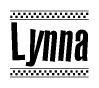 The image is a black and white clipart of the text Lynna in a bold, italicized font. The text is bordered by a dotted line on the top and bottom, and there are checkered flags positioned at both ends of the text, usually associated with racing or finishing lines.