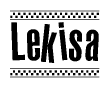 The image is a black and white clipart of the text Lekisa in a bold, italicized font. The text is bordered by a dotted line on the top and bottom, and there are checkered flags positioned at both ends of the text, usually associated with racing or finishing lines.