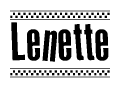The image is a black and white clipart of the text Lenette in a bold, italicized font. The text is bordered by a dotted line on the top and bottom, and there are checkered flags positioned at both ends of the text, usually associated with racing or finishing lines.